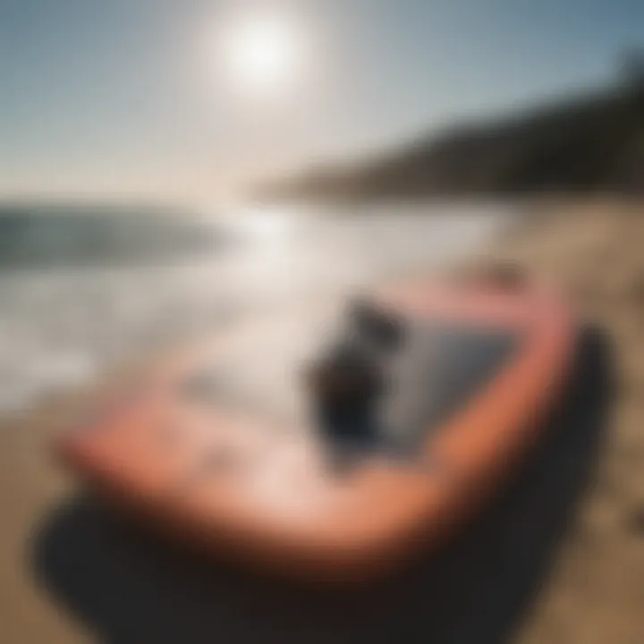 An array of foilboard equipment displayed on the beach