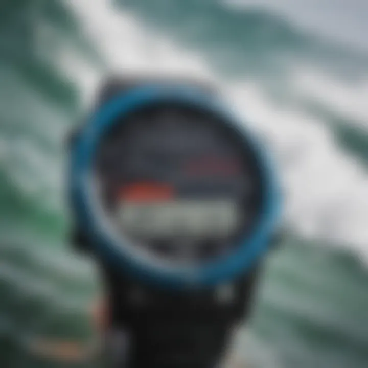 Close-up of the Garmin Surfing Watch displaying surf metrics