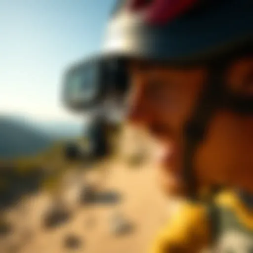 A GoPro head mount secured on a helmet during an outdoor adventure