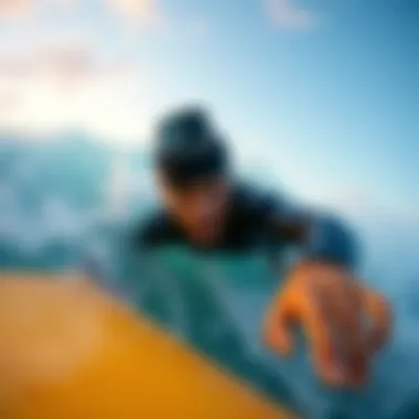 Surfing with GoPro Head Mount An athlete using a GoPro head mount while surfing, capturing the thrill of the ride