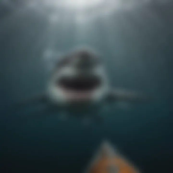 Underwater view of great white shark hunting