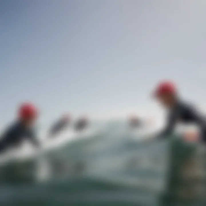 Group of surfers showcasing Red Bull hats