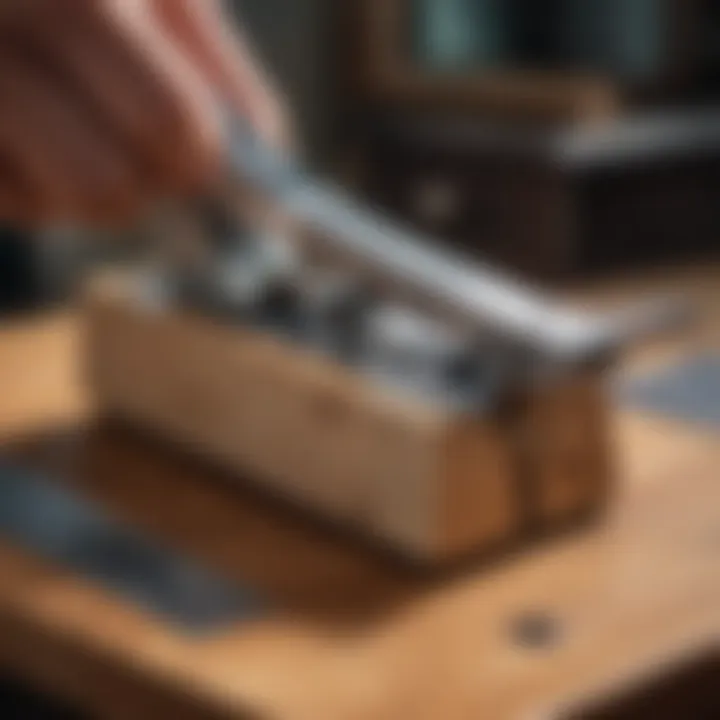 A close-up of a finely crafted hand plane revealing its intricate components and sharp blade.