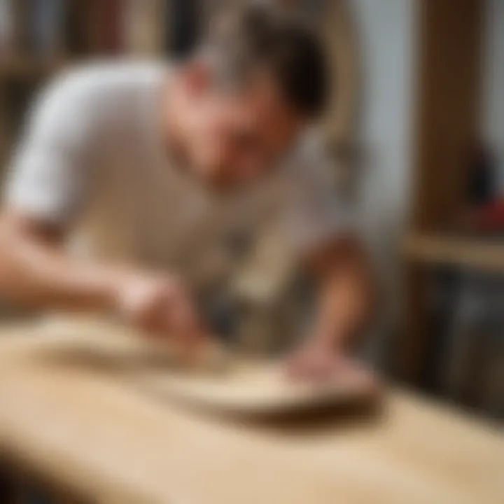 A craftsman skillfully shaping a surfboard using a hand plane, illustrating the technique and artistry involved.