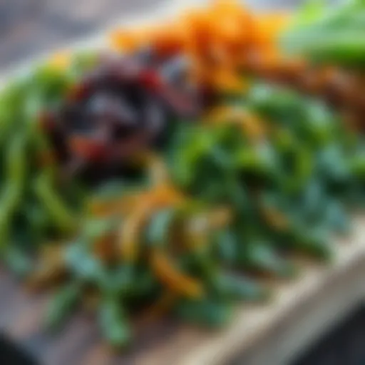 A vibrant display of different seaweed varieties on a wooden surface