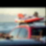 A surfboard securely mounted on a Heytrip roof rack