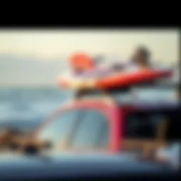 A surfboard securely mounted on a Heytrip roof rack