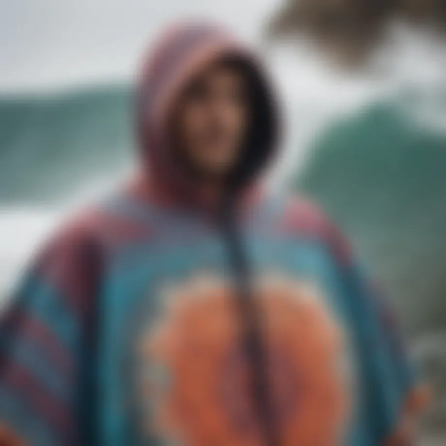 A vibrant hooded surf poncho displaying intricate patterns