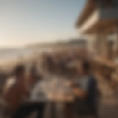 A group of surfers enjoying a lively evening at a beachside café, reflecting the surf culture.