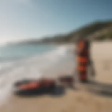 Kiteboarding Safety Essentials Safety measures emphasized with gear and a stunning beach backdrop