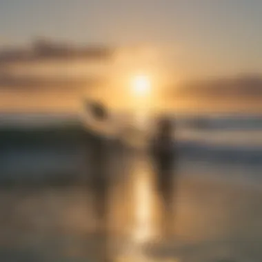 Surfers catching waves at sunset, highlighting ideal surfing conditions