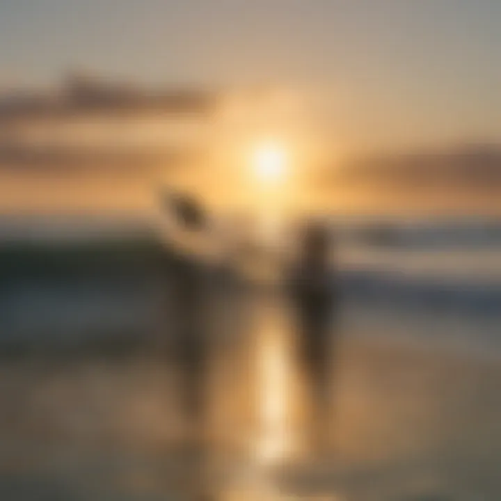 Surfers catching waves at sunset, highlighting ideal surfing conditions