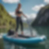 An overview of an inflatable paddle board motor in action on water.