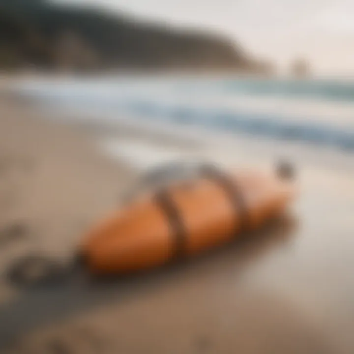 An inflatable surfboard bag being used on the beach, highlighting its portability and convenience.