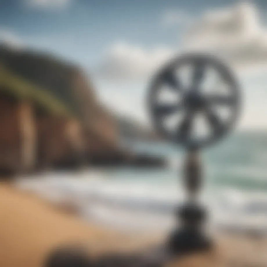 An anemometer measuring wind speed on a coastal landscape