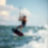 Dynamic kite foiling action on the water