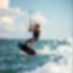 Dynamic kite foiling action on the water