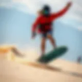 Dynamic kite landboarding action on a sandy terrain