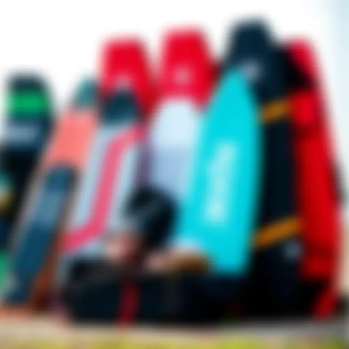 Different types of kite surfboard bags arranged aesthetically to highlight their features.
