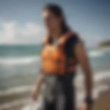 Detailed view of a high-performance kite surfing life vest showcasing its design and features.