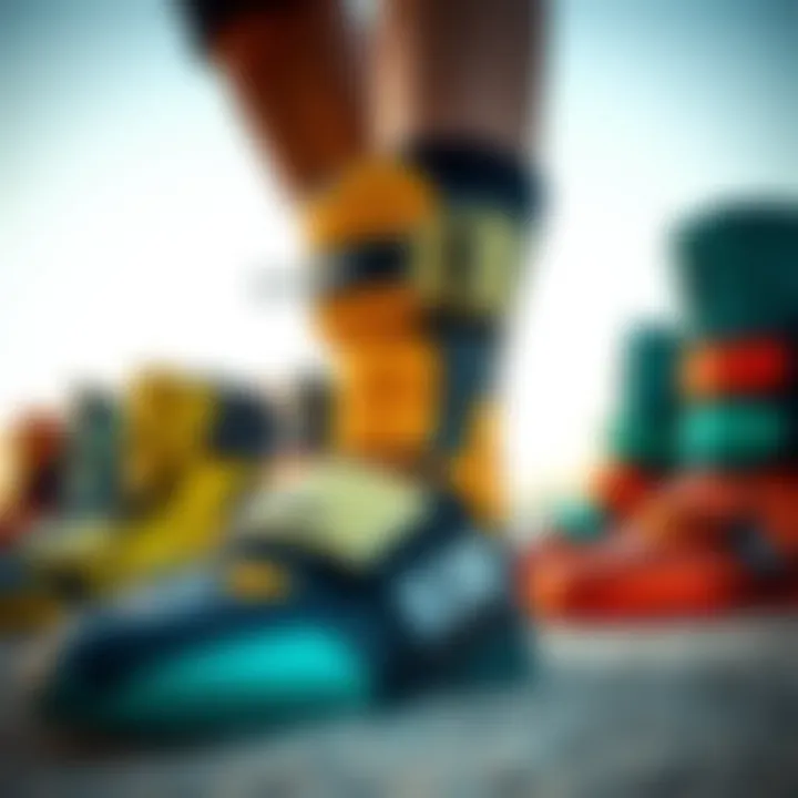 A diverse array of kitesurf booties designed for different weather conditions.