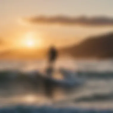 Kitesurfing at a picturesque beach during sunset