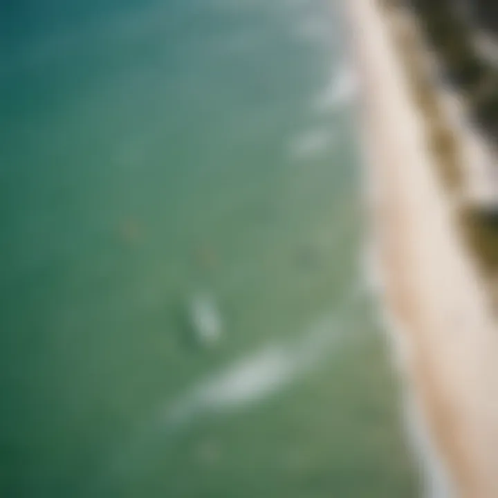 An aerial view of kitesurfers riding the waves against the stunning backdrop of Miami Beach