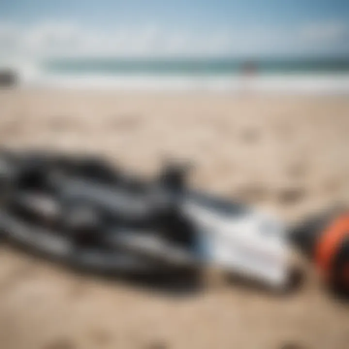 A close-up of kitesurfing equipment laid out on the beach highlighting quality gear