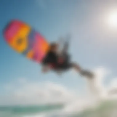 A vibrant kitesurfing scene at Miami Beach with colorful kites soaring in the sky