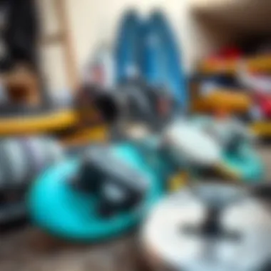 A variety of land surfboarding equipment displayed for enthusiasts