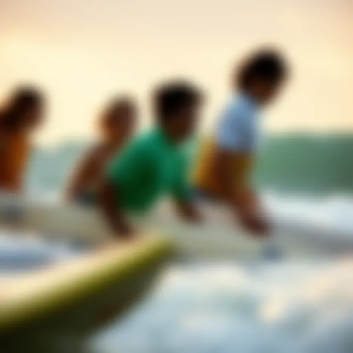 A group of surfers catching waves together