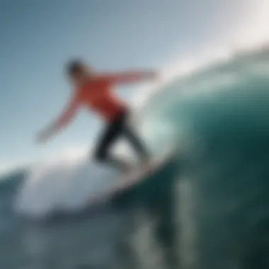 An athlete riding a wave in stylish surfwear