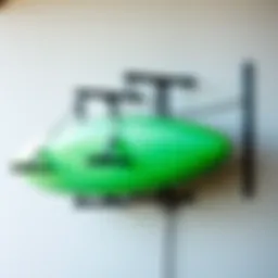 A sturdy locking paddle board rack installed on a wall, showcasing its capacity.