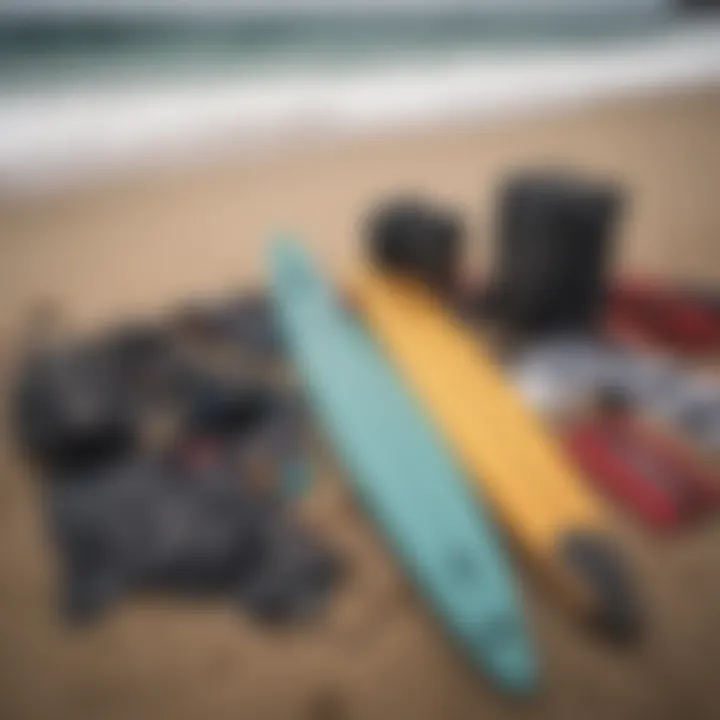 Surfing equipment laid out for a camp session