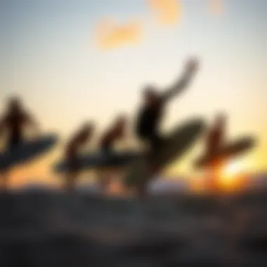 A group of longboard enthusiasts performing tricks together at sunset