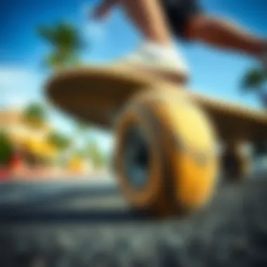 A close-up of a longboard wheel in action on a vibrant street