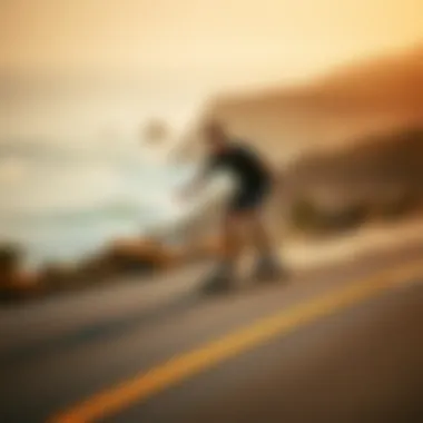 A longboard rider executing a smooth slide on a coastal road