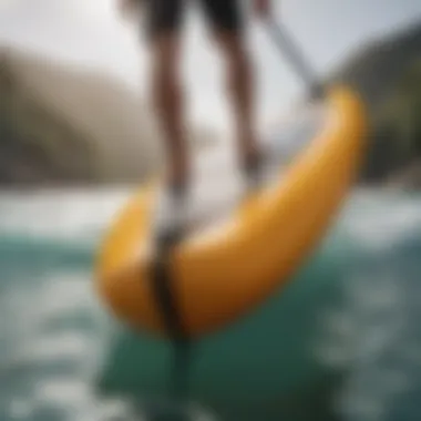 A close-up of a paddle board's fin system.