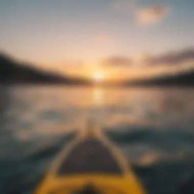 A picturesque sunset view from a paddle board on the water.