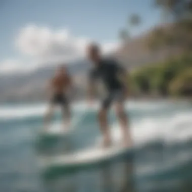 Experienced surf instructor guiding a student