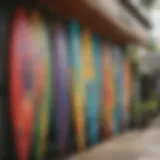 Vibrant surfboards displayed outside a local shop