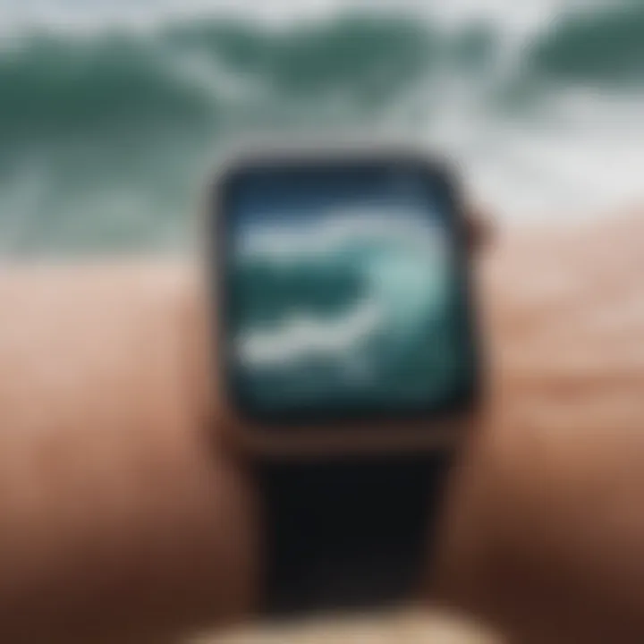 Close-up of Apple Watch displaying wave conditions