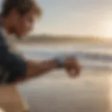 Surfer checking Apple Watch at the beach