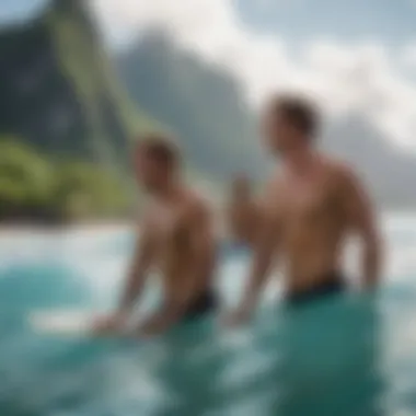 Group of surfers enjoying their time at Moorea, embodying the local surf culture