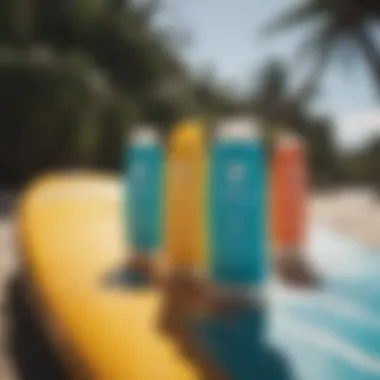 Close-up of sunscreen tubes on a surfboard