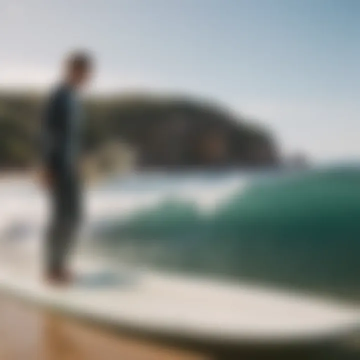 A surfer negotiating price for a used surfboard