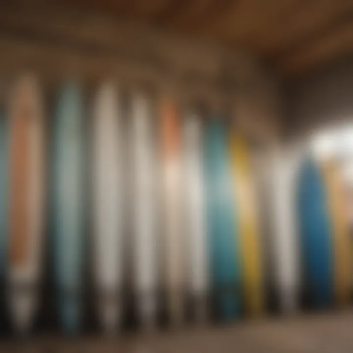 A selection of used surfboards in a shop