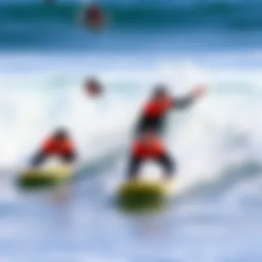 Aspiring Surfers in the Waves A group of eager learners practicing surfing in the ocean