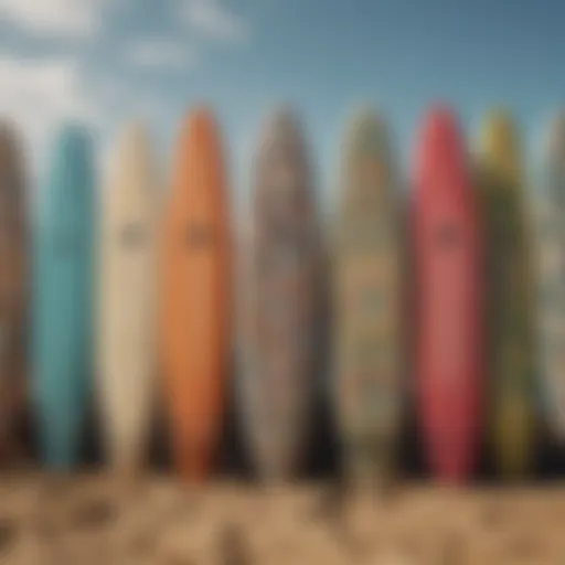 An assortment of surfboards featuring various designs and colors