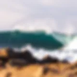 A stunning wave crashing against a rocky shoreline